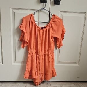 Coral-Orange Ruffle Sleeve Romper